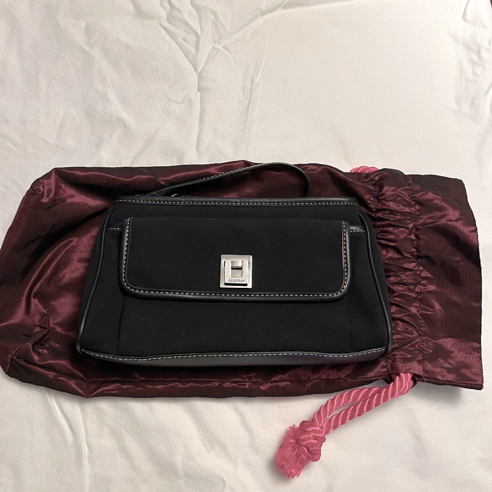 Black Leather and Black Microfiber Cole Haan Wristlet with Silver Hardware